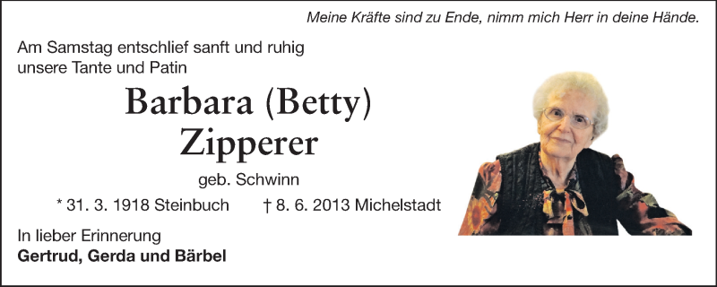  Traueranzeige für Barabara Zipperer  vom 12.06.2013 aus Odenwälder Echo