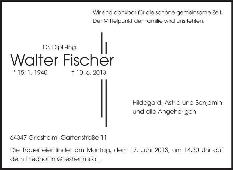  Traueranzeige für Walter Fischer vom 12.06.2013 aus Echo-Zeitungen (Gesamtausgabe)