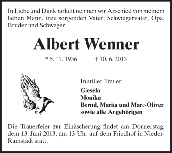 Traueranzeige von Albert Wenner von Darmstädter Echo, Odenwälder Echo, Rüsselsheimer Echo, Groß-Gerauer-Echo, Ried Echo
