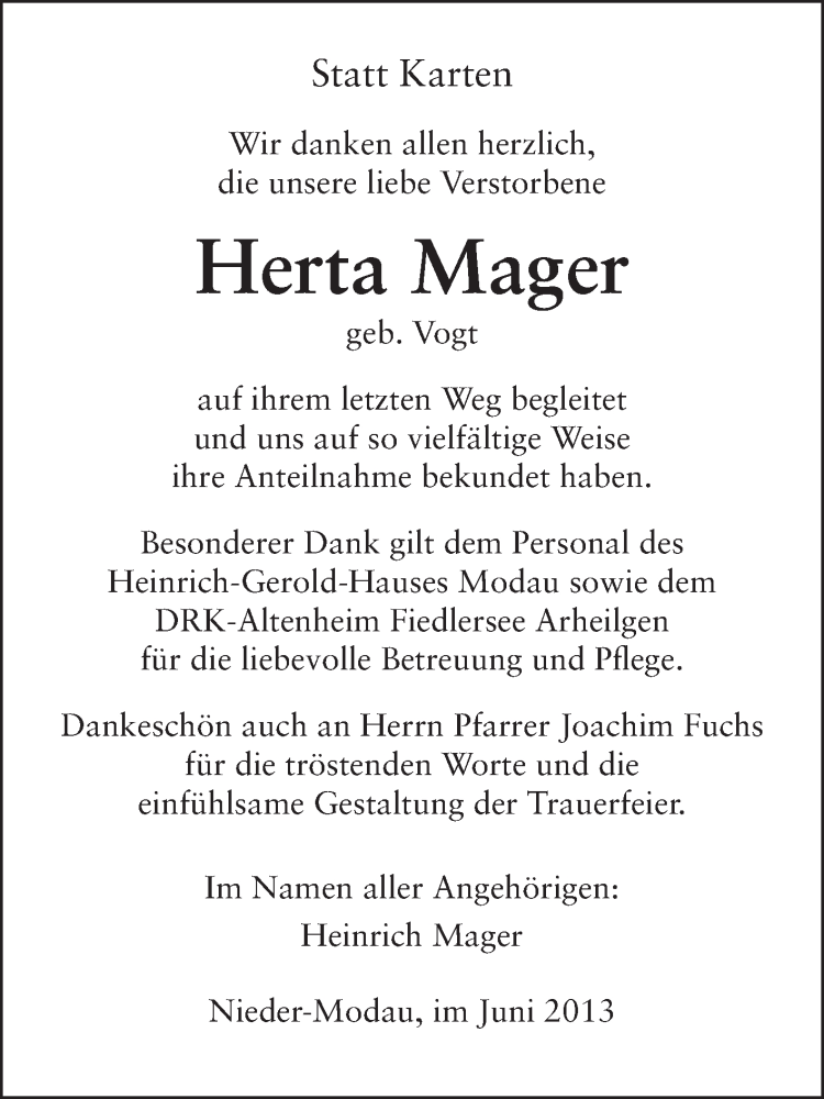  Traueranzeige für Herta Mager vom 15.06.2013 aus Echo-Zeitungen (Gesamtausgabe)
