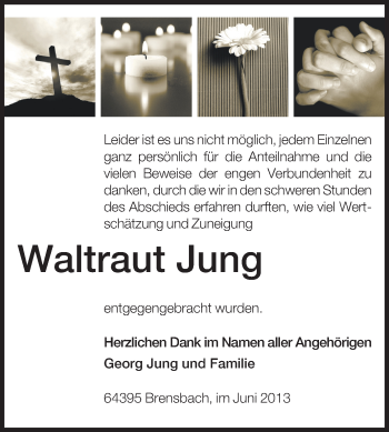 Traueranzeige von Waltraut Jung von Echo-Zeitungen (Gesamtausgabe)