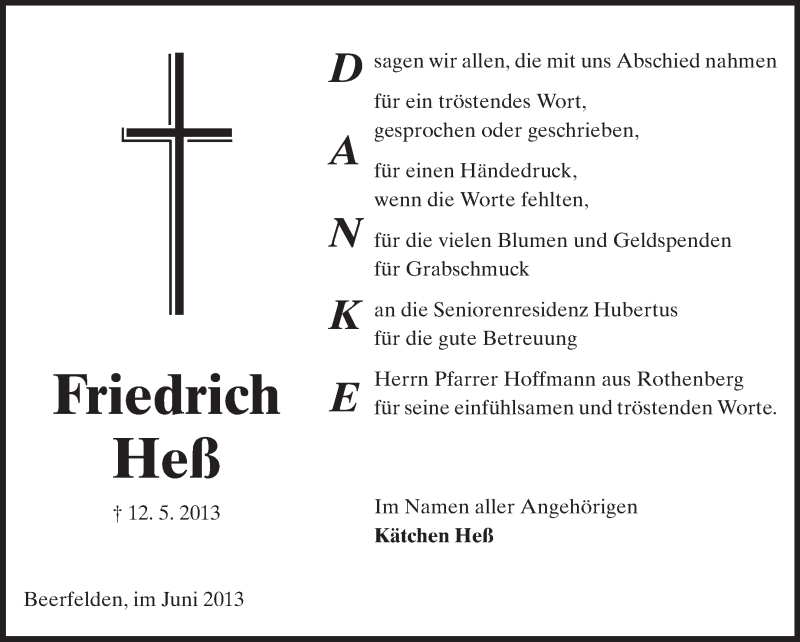  Traueranzeige für Friedrich Heß vom 15.06.2013 aus Odenwälder Echo