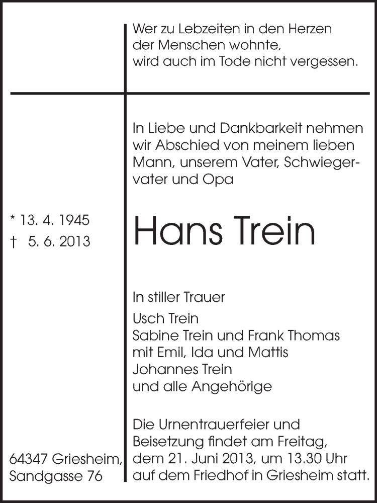  Traueranzeige für Hans Trein vom 15.06.2013 aus Echo-Zeitungen (Gesamtausgabe)