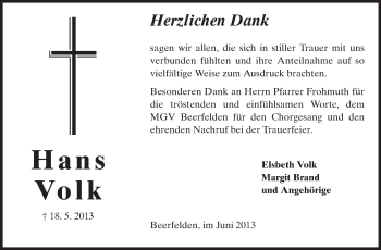 Traueranzeige von Hans Volk von Odenwälder Echo