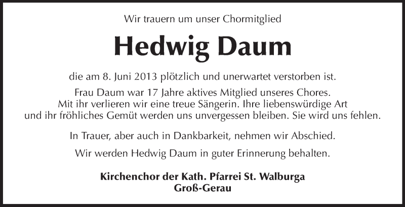  Traueranzeige für Hedwig Daum vom 15.06.2013 aus Rüsselsheimer Echo, Groß-Gerauer-Echo, Ried Echo