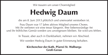 Traueranzeige von Hedwig Daum von Rüsselsheimer Echo, Groß-Gerauer-Echo, Ried Echo