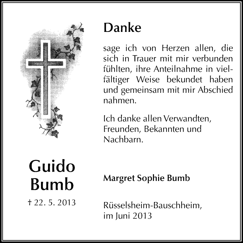  Traueranzeige für Guido Bumb vom 15.06.2013 aus Rüsselsheimer Echo, Groß-Gerauer-Echo, Ried Echo