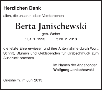 Traueranzeige von Berta Janischewski von Echo-Zeitungen (Gesamtausgabe)