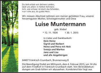 Traueranzeige von Luise Muntermann von Echo-Zeitungen (Gesamtausgabe)