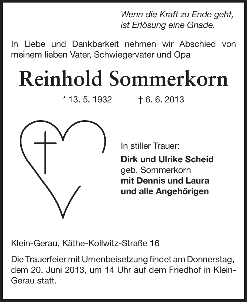  Traueranzeige für Reinhold Sommerkorn vom 15.06.2013 aus Echo-Zeitungen (Gesamtausgabe)