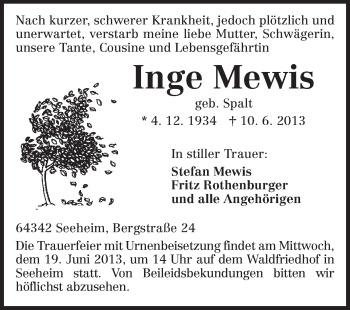 Traueranzeige von Inge Mewis von Echo-Zeitungen (Gesamtausgabe)