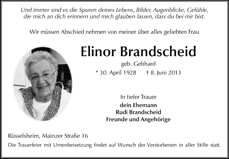  Traueranzeige für Brandscheid Elinor vom 15.06.2013 aus Rüsselsheimer Echo, Groß-Gerauer-Echo, Ried Echo