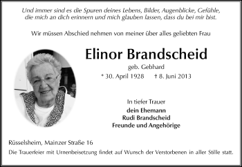 Traueranzeige von Brandscheid Elinor von Rüsselsheimer Echo, Groß-Gerauer-Echo, Ried Echo