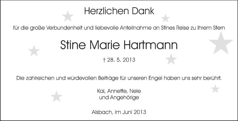  Traueranzeige für Stine Marie Hartmann vom 15.06.2013 aus Echo-Zeitungen (Gesamtausgabe)