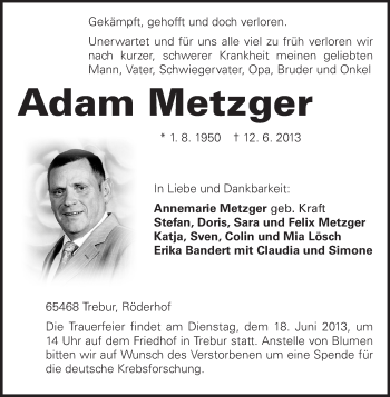 Traueranzeige von Adam Metzger von Rüsselsheimer Echo, Groß-Gerauer-Echo, Ried Echo