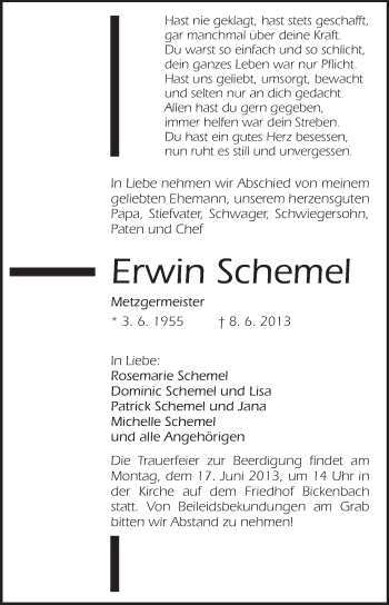 Traueranzeige von Erwin Schemel von Echo-Zeitungen (Gesamtausgabe)