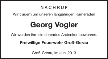 Traueranzeige von Georg Vogler von Rüsselsheimer Echo, Groß-Gerauer-Echo, Ried Echo