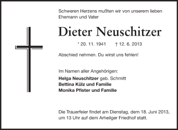 Traueranzeige von Dieter Neuschitzer von Darmstädter Echo, Odenwälder Echo, Rüsselsheimer Echo, Groß-Gerauer-Echo, Ried Echo