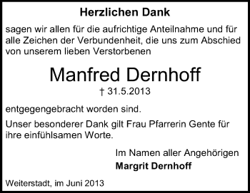 Traueranzeige von Manfred Dernhoff von Echo-Zeitungen (Gesamtausgabe)