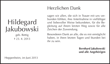 Traueranzeige von Hildegard Jakubowski von Starkenburger Echo