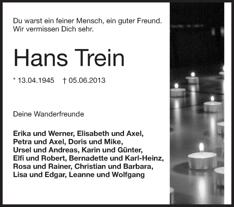  Traueranzeige für Hans Trein vom 15.06.2013 aus Echo-Zeitungen (Gesamtausgabe)