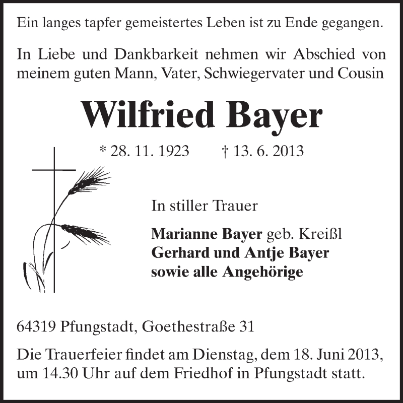  Traueranzeige für Wilfried Bayer vom 15.06.2013 aus Echo-Zeitungen (Gesamtausgabe)