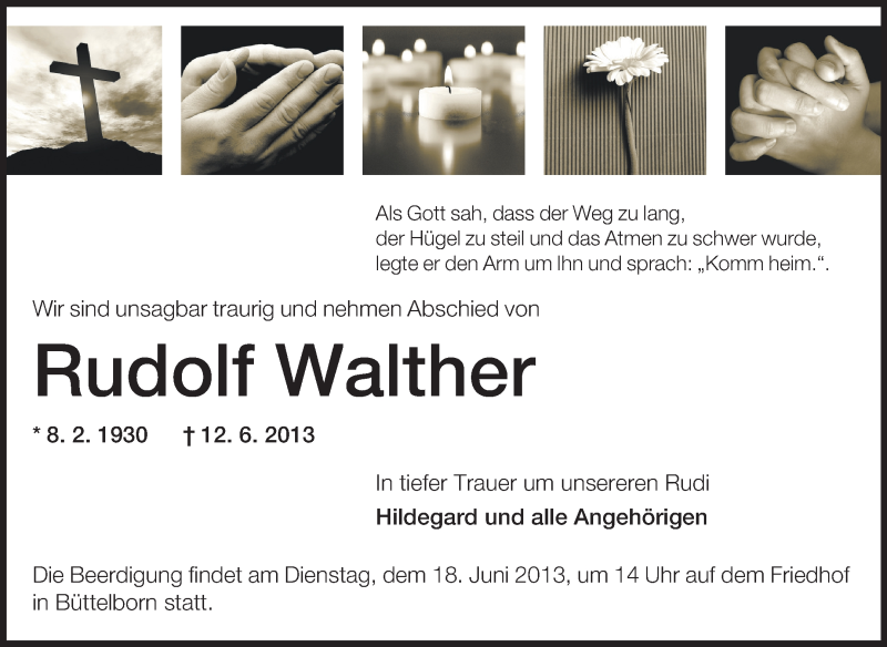  Traueranzeige für Rudolf Walther vom 15.06.2013 aus Rüsselsheimer Echo, Groß-Gerauer-Echo, Ried Echo