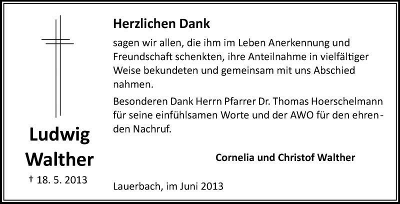  Traueranzeige für Ludwig Walther vom 15.06.2013 aus Odenwälder Echo