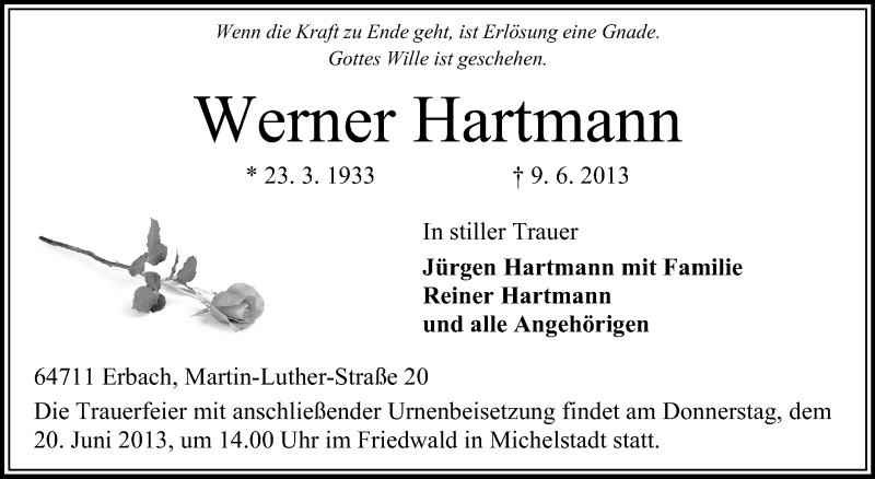  Traueranzeige für Werner Hartmann vom 15.06.2013 aus Odenwälder Echo
