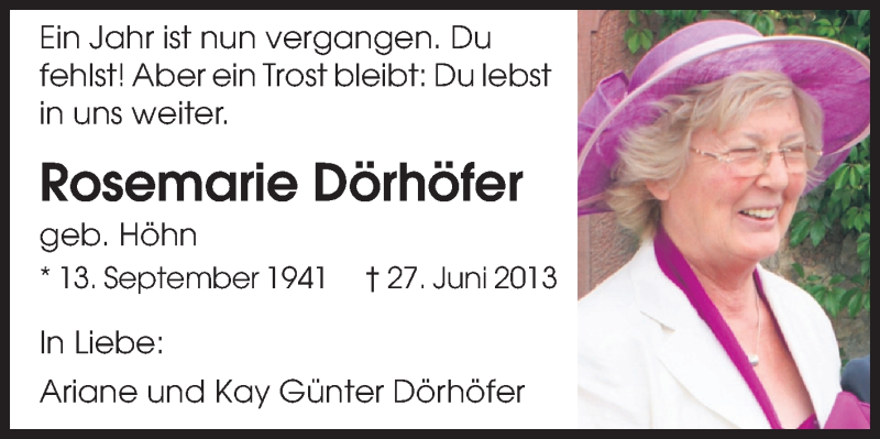  Traueranzeige für Rosemarie Dörhöfer vom 29.06.2013 aus Rüsselsheimer Echo, Groß-Gerauer-Echo, Ried Echo