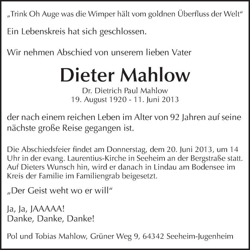  Traueranzeige für Dieter Mahlow vom 17.06.2013 aus Echo-Zeitungen (Gesamtausgabe)