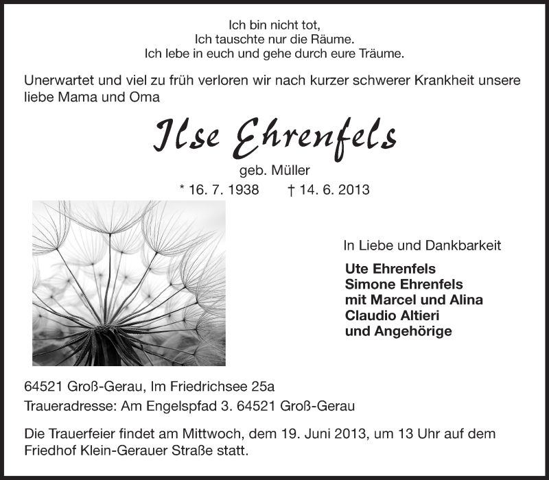  Traueranzeige für Ilse Ehrenfels vom 17.06.2013 aus Rüsselsheimer Echo, Groß-Gerauer-Echo, Ried Echo