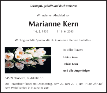 Traueranzeige von Marianne Kern von Rüsselsheimer Echo, Groß-Gerauer-Echo, Ried Echo
