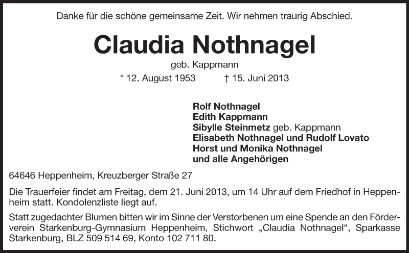  Traueranzeige für Claudia Nothnagel vom 18.06.2013 aus Echo-Zeitungen (Gesamtausgabe)