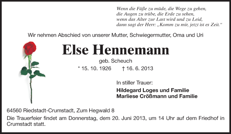  Traueranzeige für Else Hennemann vom 18.06.2013 aus Rüsselsheimer Echo, Groß-Gerauer-Echo, Ried Echo