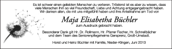 Traueranzeige von Maja Elisabetha Büchler von Echo-Zeitungen (Gesamtausgabe)