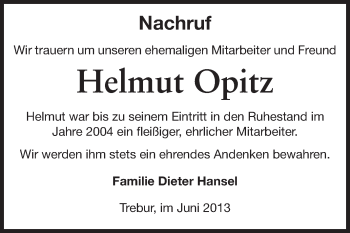 Traueranzeige von Helmut Opitz von Rüsselsheimer Echo, Groß-Gerauer-Echo, Ried Echo