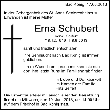 Traueranzeige von Erna Schubert von Odenwälder Echo