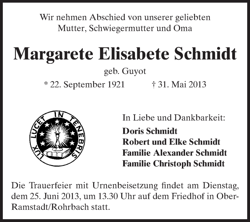  Traueranzeige für Margarete Elisabete Schmidt vom 19.06.2013 aus Echo-Zeitungen (Gesamtausgabe)