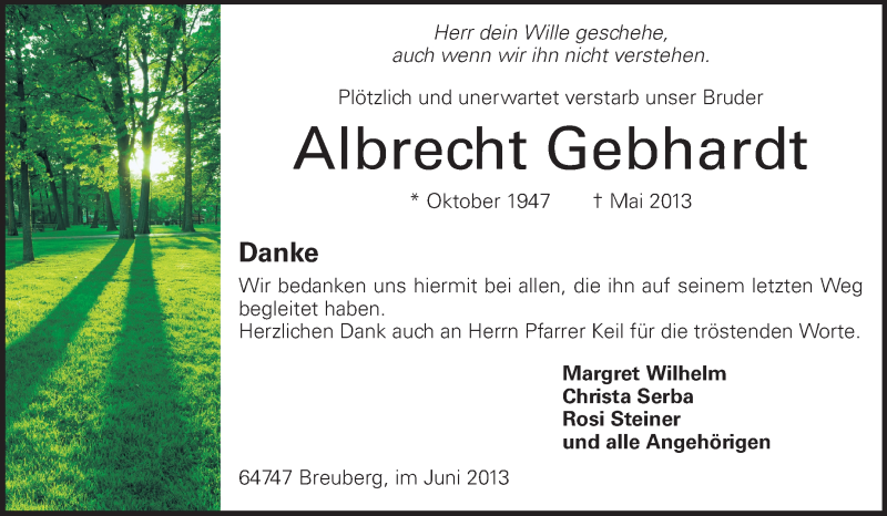  Traueranzeige für Albrecht Gebhardt vom 22.06.2013 aus Odenwälder Echo