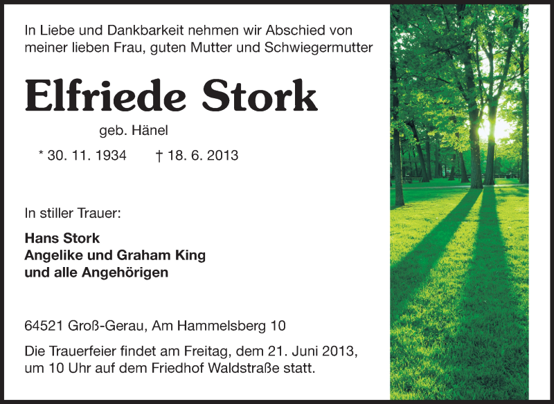  Traueranzeige für Elfriede Stork vom 19.06.2013 aus Rüsselsheimer Echo, Groß-Gerauer-Echo, Ried Echo