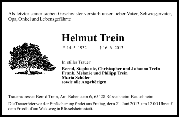 Traueranzeige von Helmut Trein von Rüsselsheimer Echo, Groß-Gerauer-Echo, Ried Echo