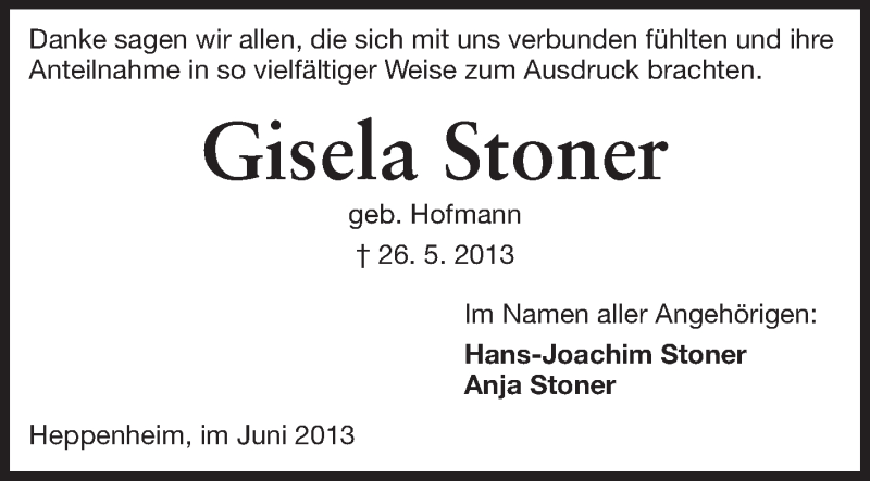  Traueranzeige für Gisela Stoner vom 20.06.2013 aus Starkenburger Echo