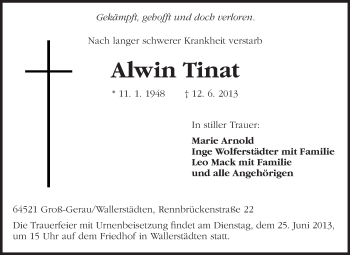 Traueranzeige von Alwin Tinat von Rüsselsheimer Echo, Groß-Gerauer-Echo, Ried Echo