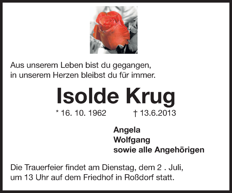  Traueranzeige für Isolde Krug vom 22.06.2013 aus Echo-Zeitungen (Gesamtausgabe)