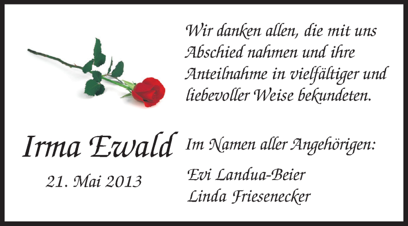  Traueranzeige für Irma Ewald vom 20.06.2013 aus Rüsselsheimer Echo, Groß-Gerauer-Echo, Ried Echo