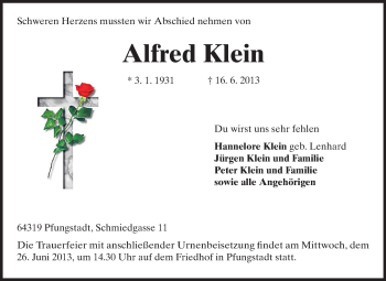 Traueranzeige von Alfred Klein von Echo-Zeitungen (Gesamtausgabe)