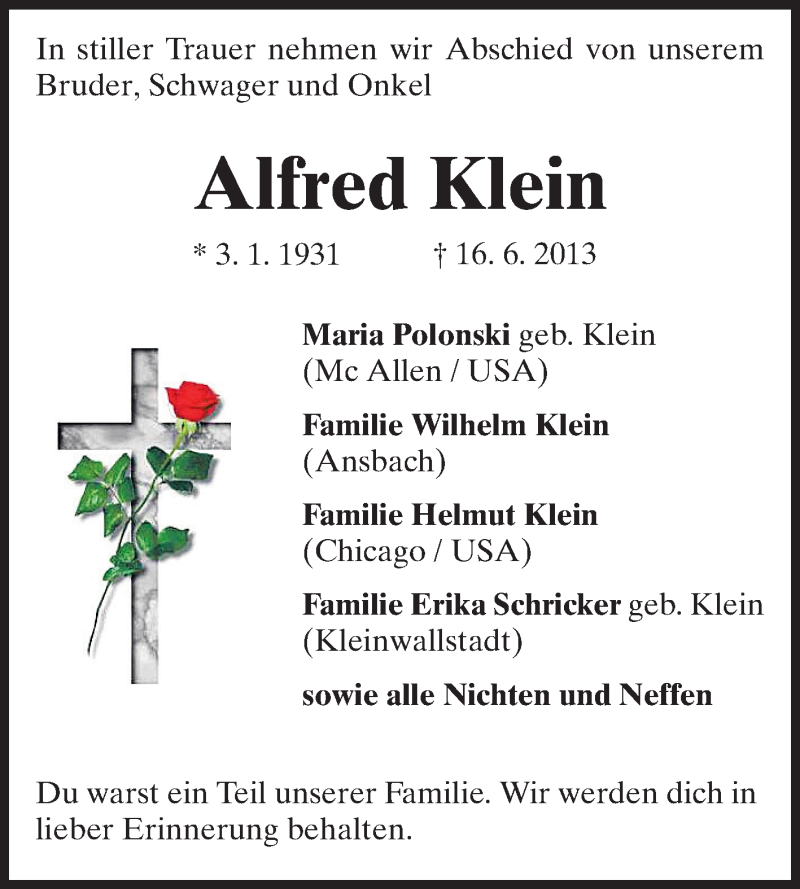  Traueranzeige für Alfred Klein vom 22.06.2013 aus Echo-Zeitungen (Gesamtausgabe)