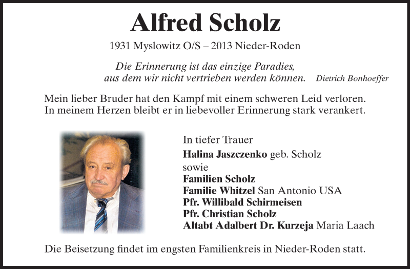  Traueranzeige für Alfred Scholz vom 22.06.2013 aus Echo-Zeitungen (Gesamtausgabe)
