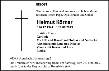 Traueranzeige von Helmut Körner von Echo-Zeitungen (Gesamtausgabe)